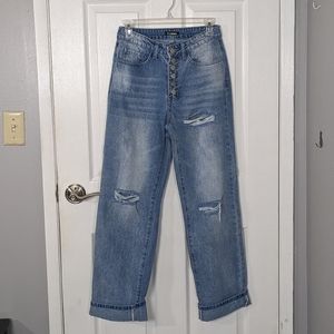 New Flamingo Straight Leg Button Fly Distressed Light Wash‎ Boyfriend Jeans XS